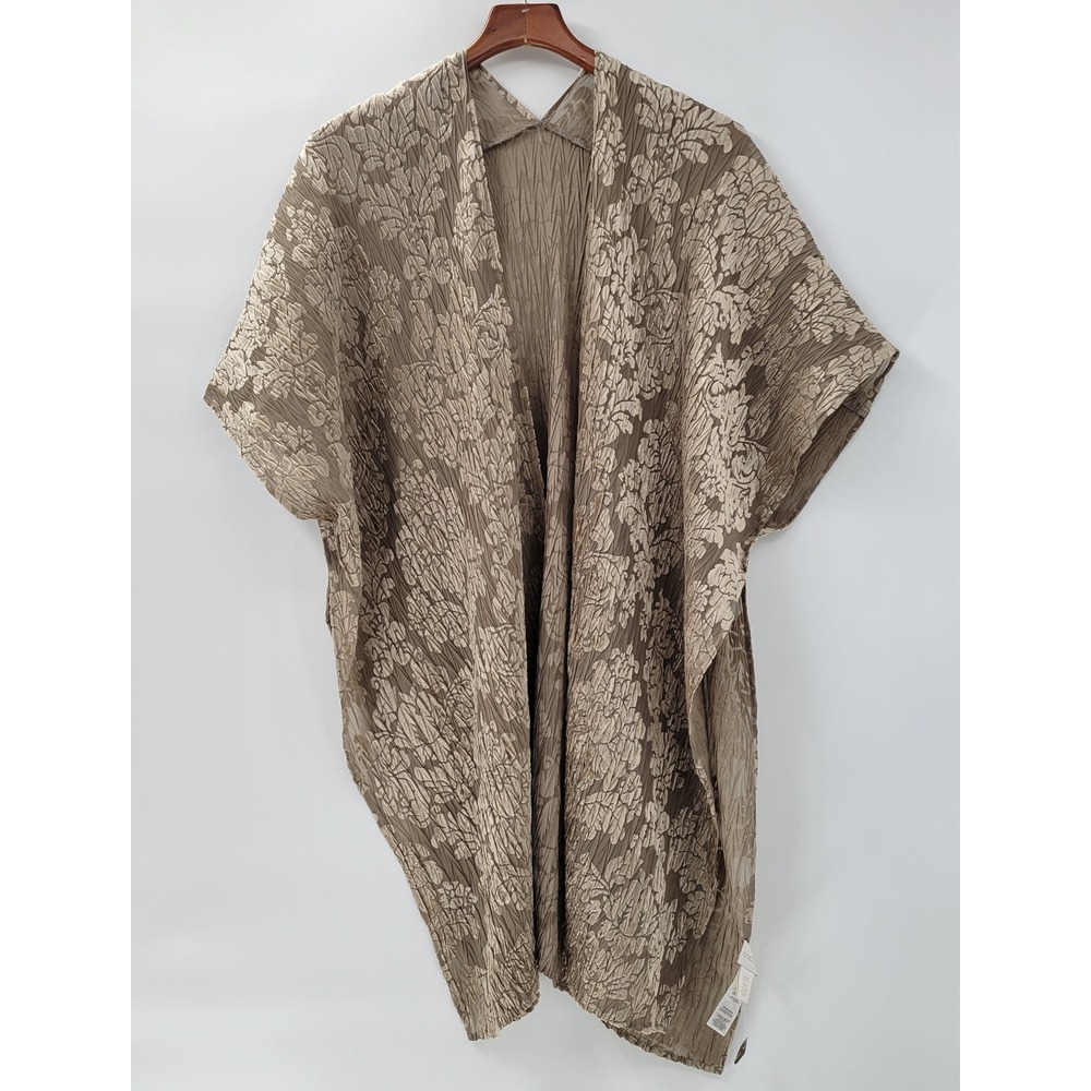 Chicos Burnout Velvet Kimono OS  Golden Tan Floral Pleated Open Front Wrap NEW